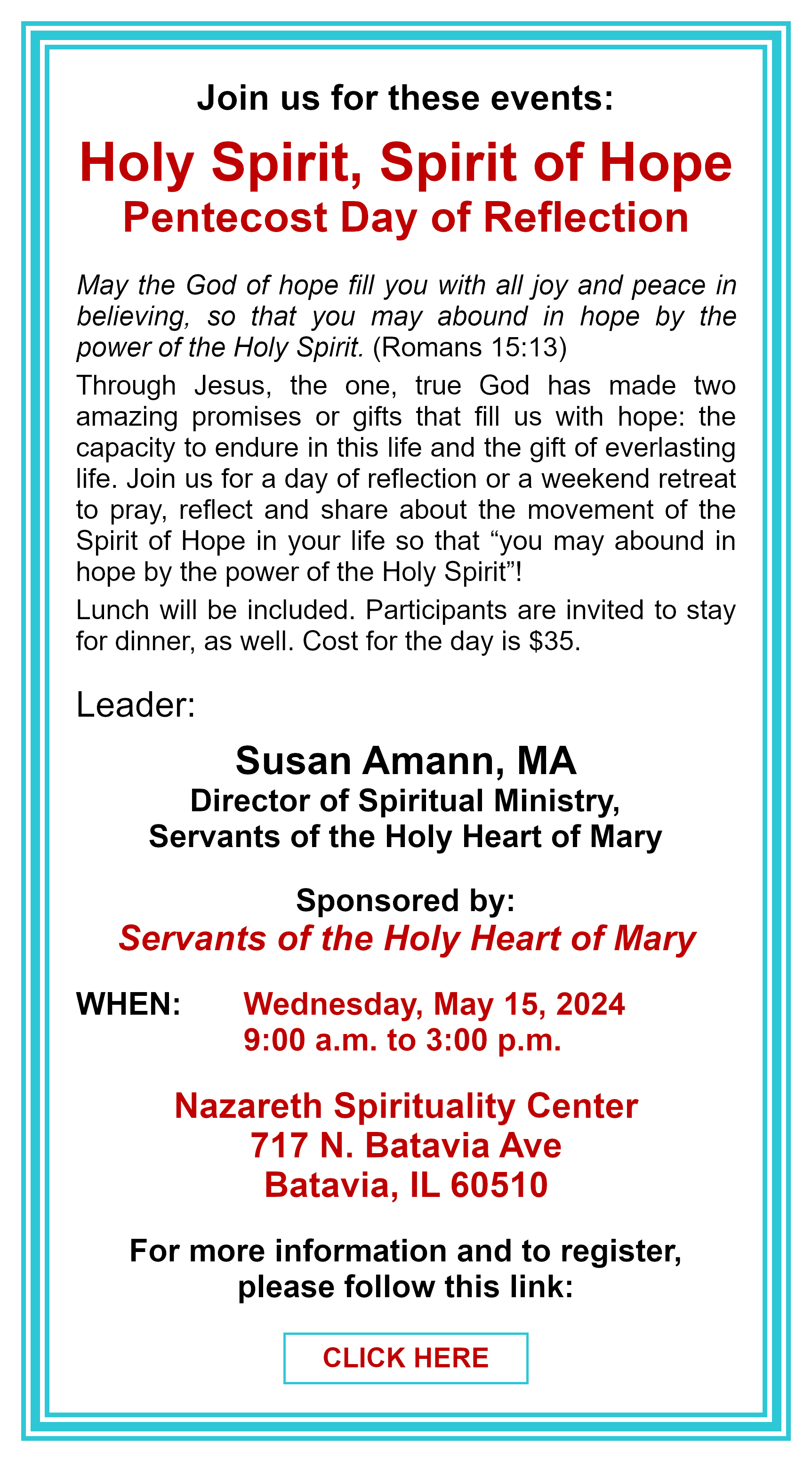 Holy Spirit, Spirit of Hope Pentecost Day of Reflection: Click here for more information