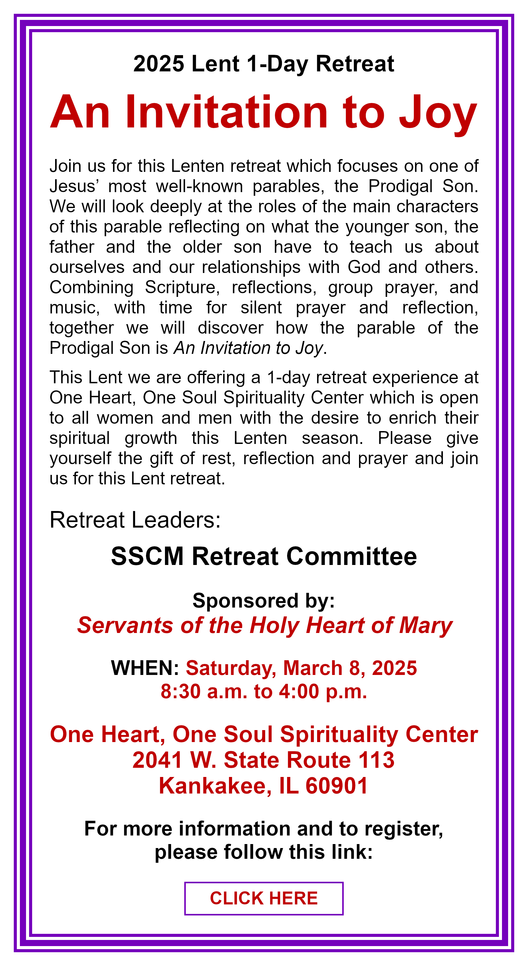 Lent One-Day Retreat: Click here for more information