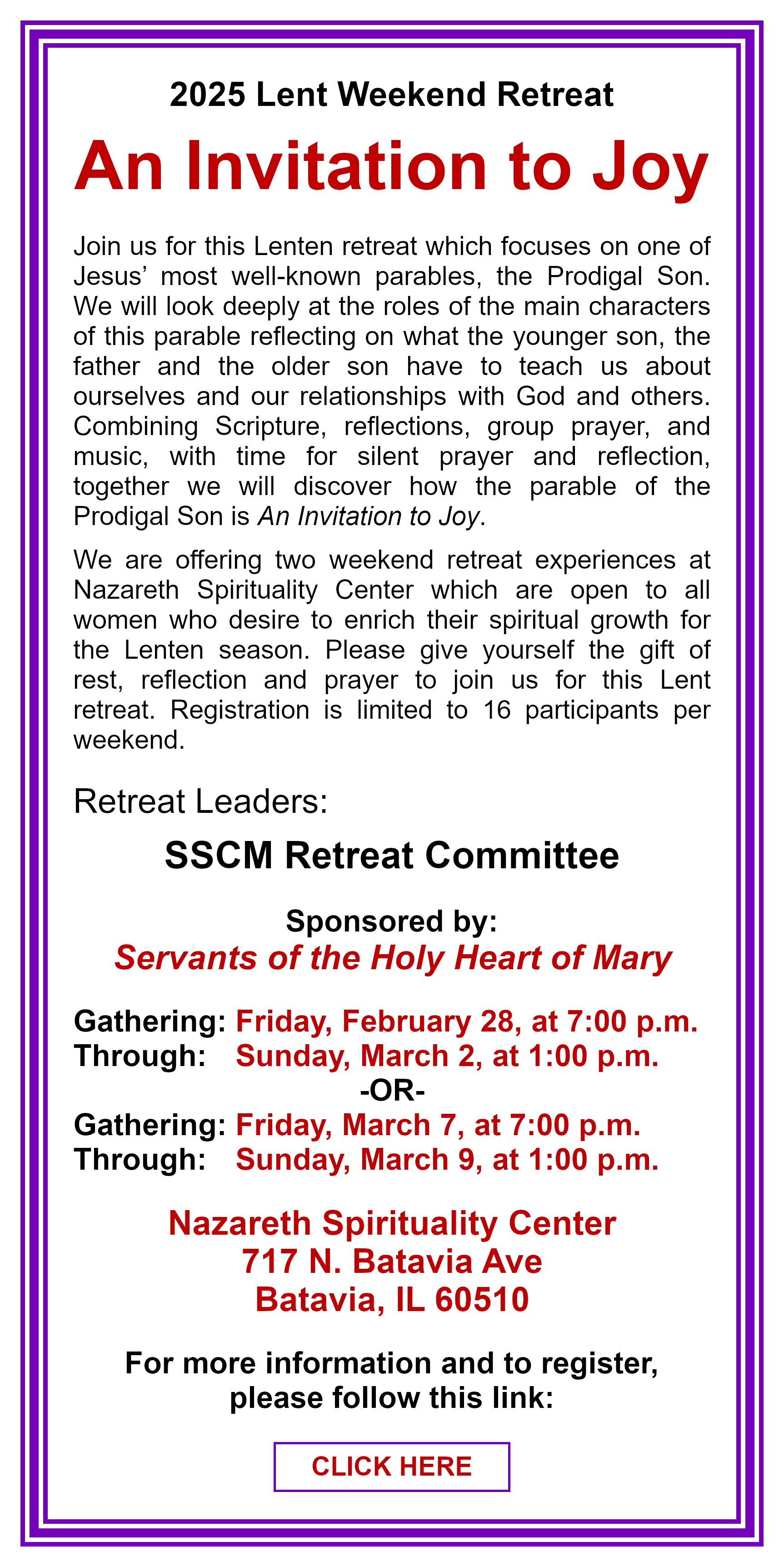 Lent Weekend Retreat: Click here for more information