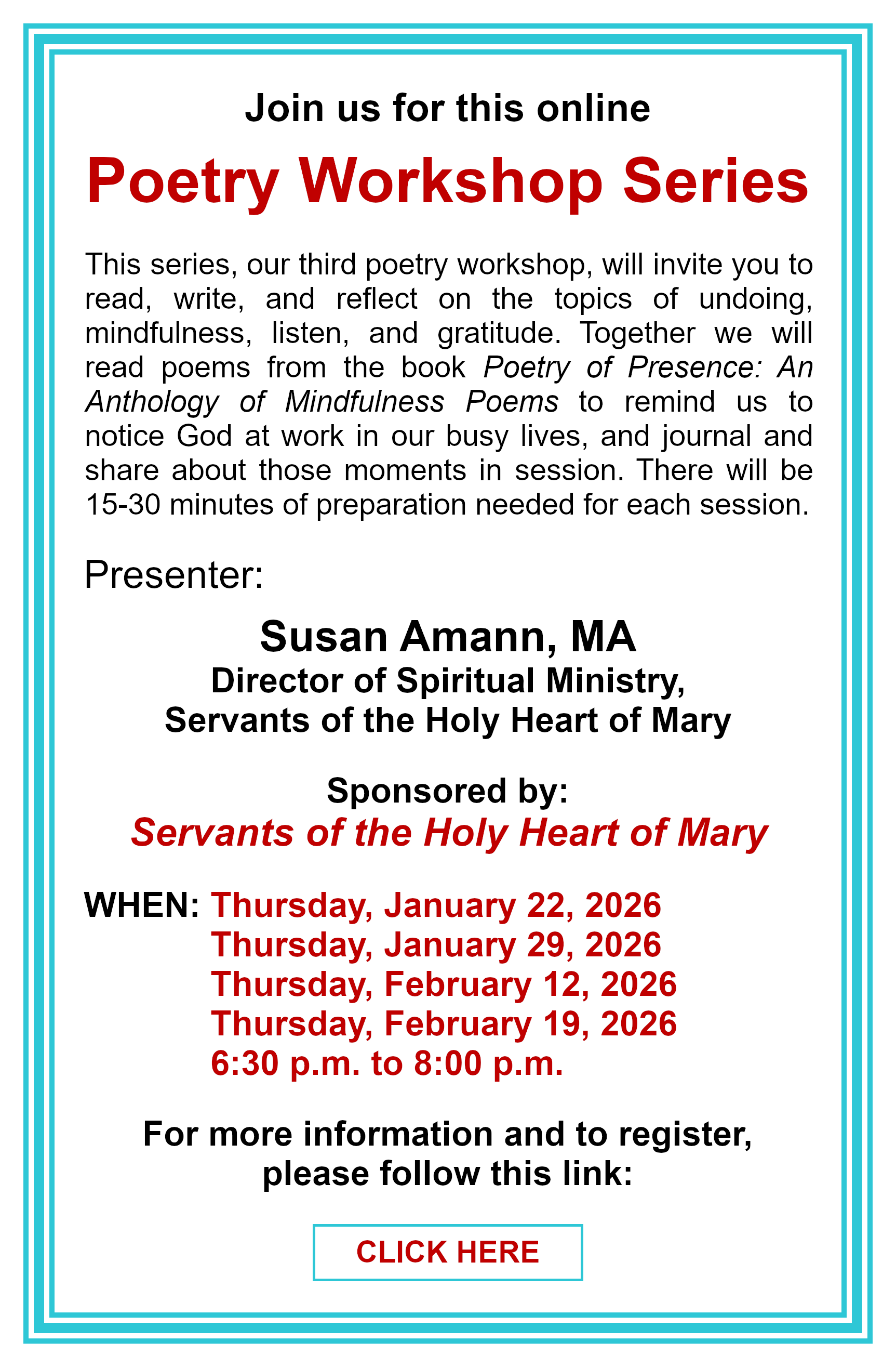 Poetry Workshop Series: Click here for more information