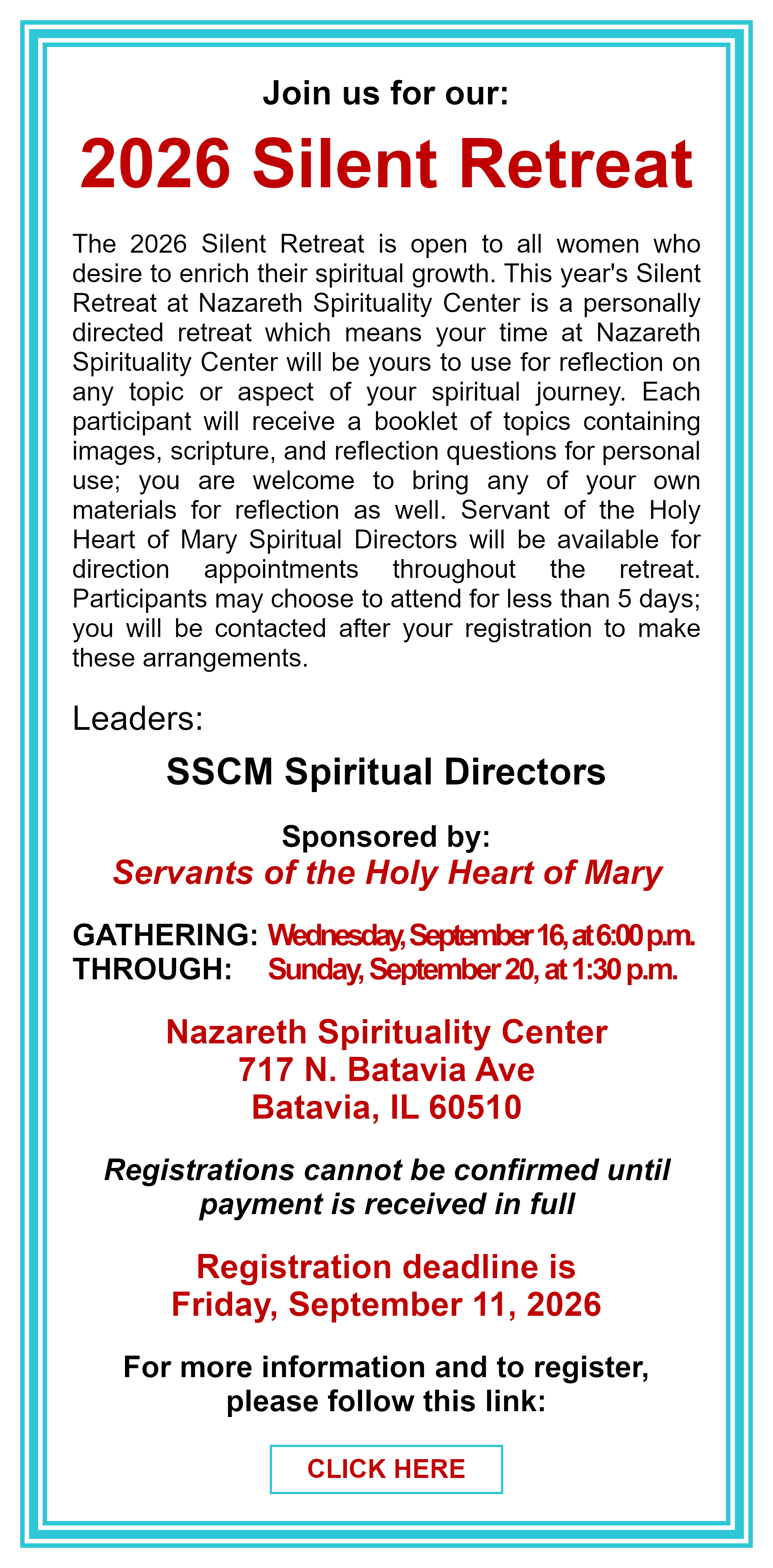 2026 Silent Retreat: Click here for more information